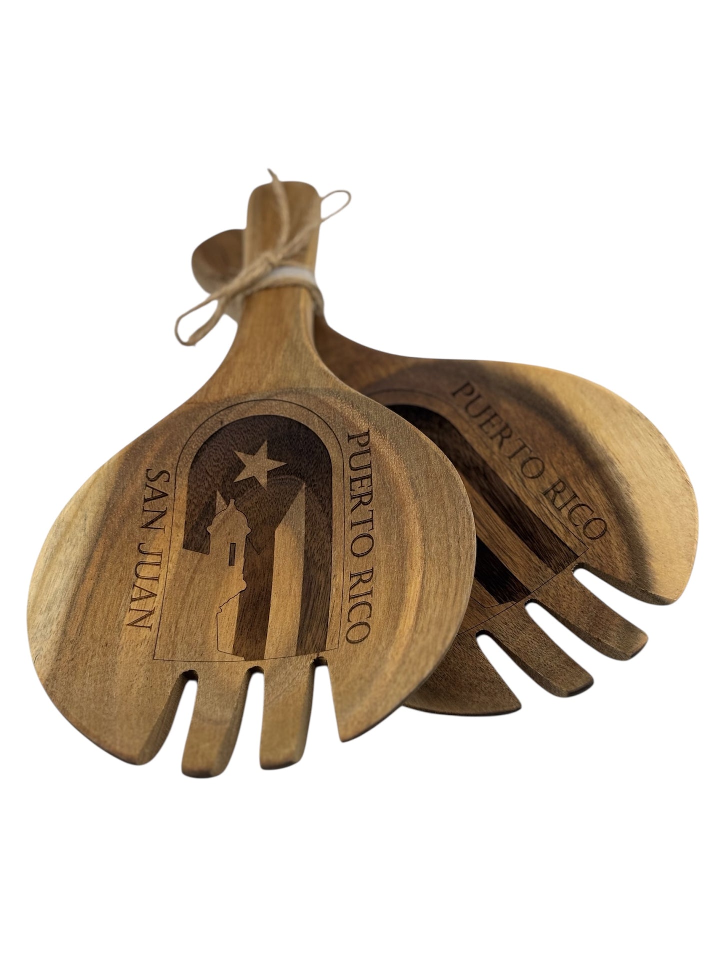 Engraved Acacia Wood Salad Tosser Set – Puerto Rican Flag & El Morro Garita Design