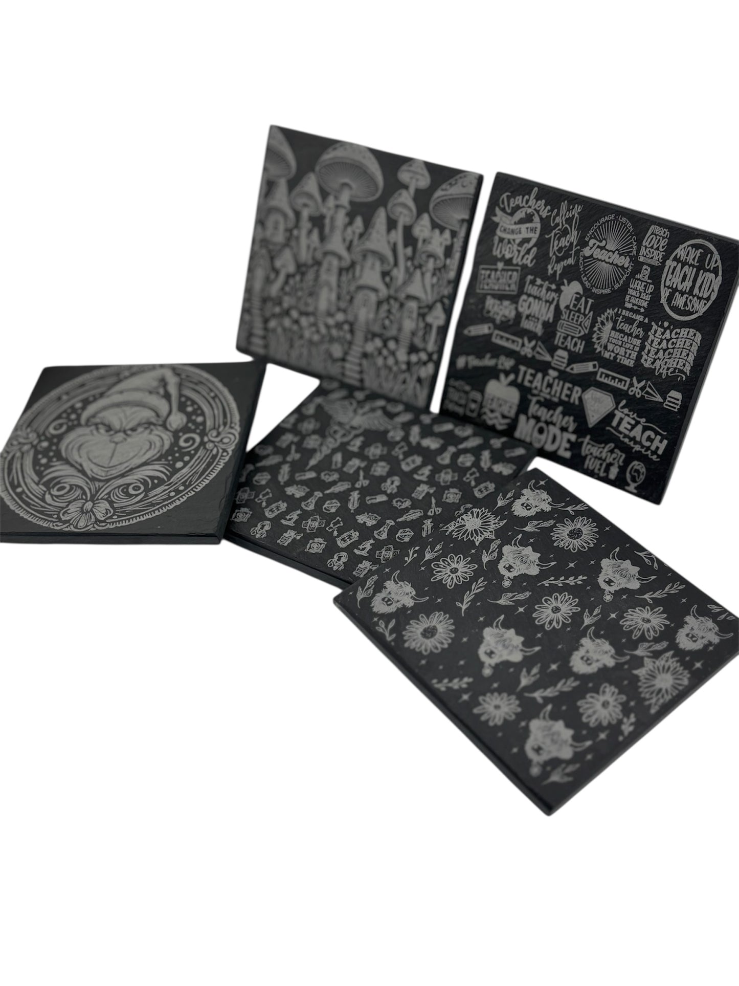 Engraved Black Slate Stone Square Coasters (Set of 4)