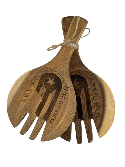 Engraved Acacia Wood Salad Tosser Set – Puerto Rican Flag & El Morro Garita Design