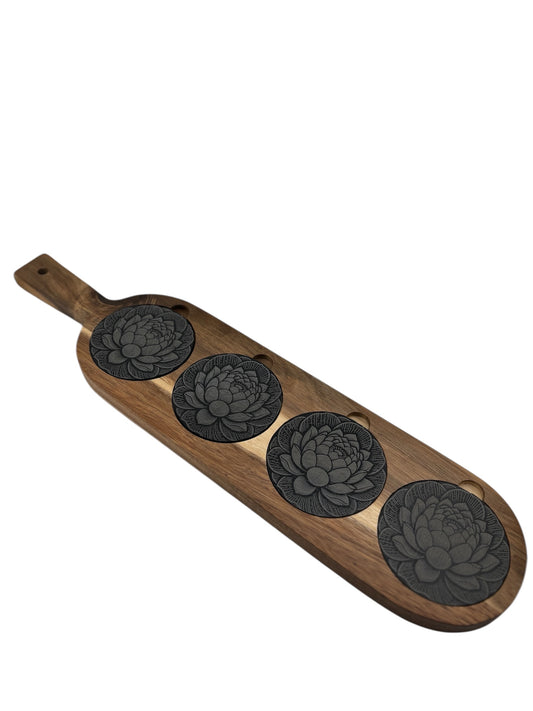 Custom Engraved Acacia Wood Serving Board with Slate Coasters – Personalized Charcuterie Tray – Wedding or Housewarming Gift