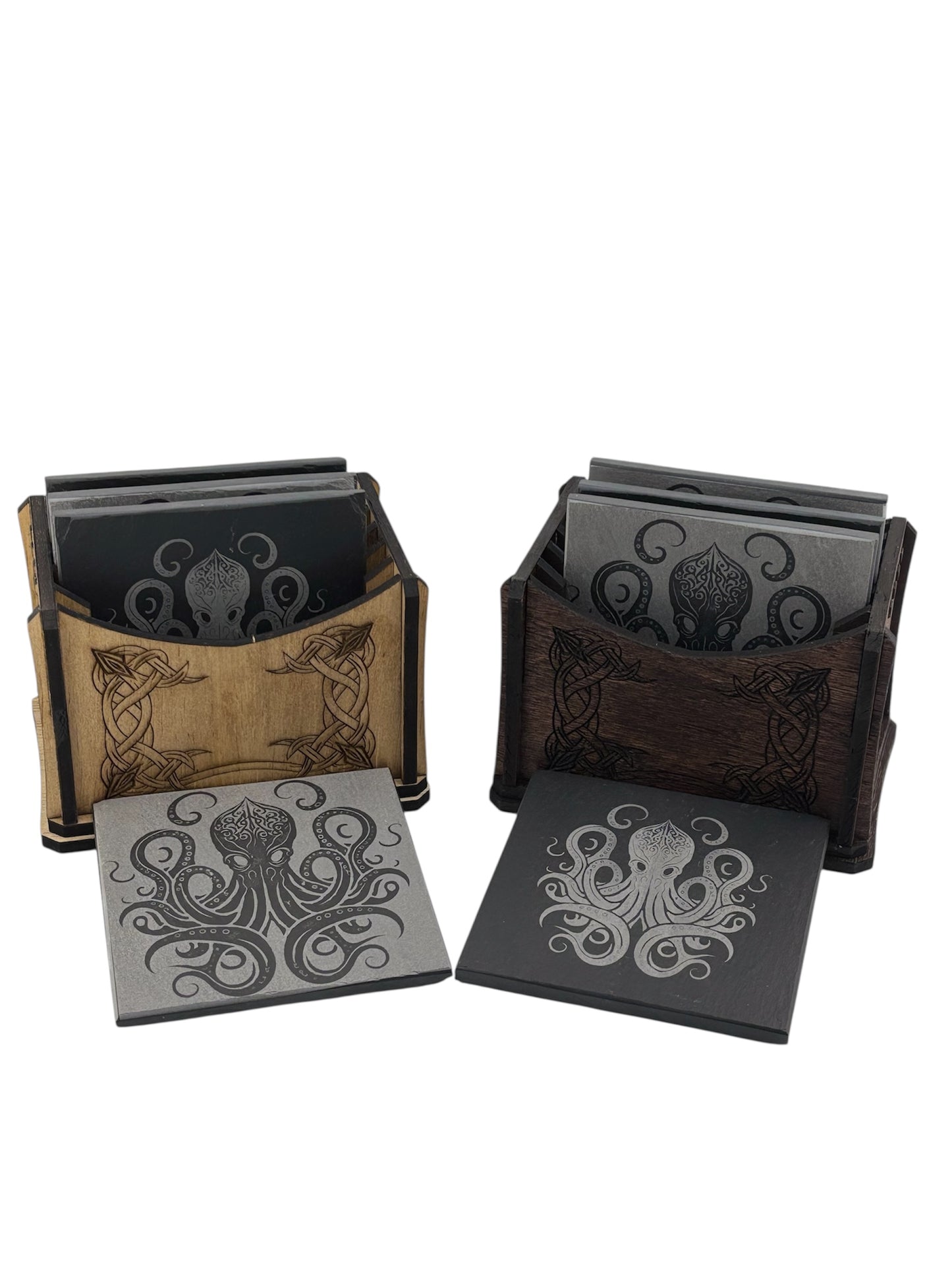 Set of 4 Engraved Black Slate Stone Coasters with Holder