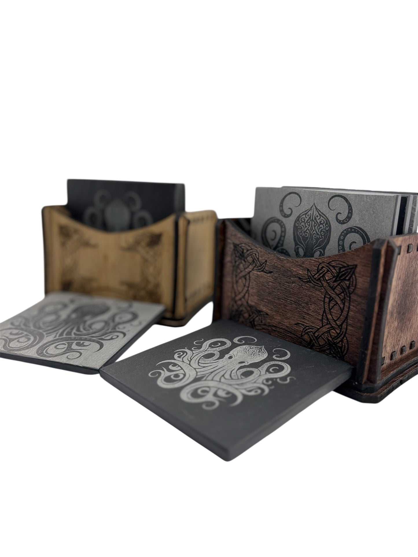 Set of 4 Engraved Black Slate Stone Coasters with Holder
