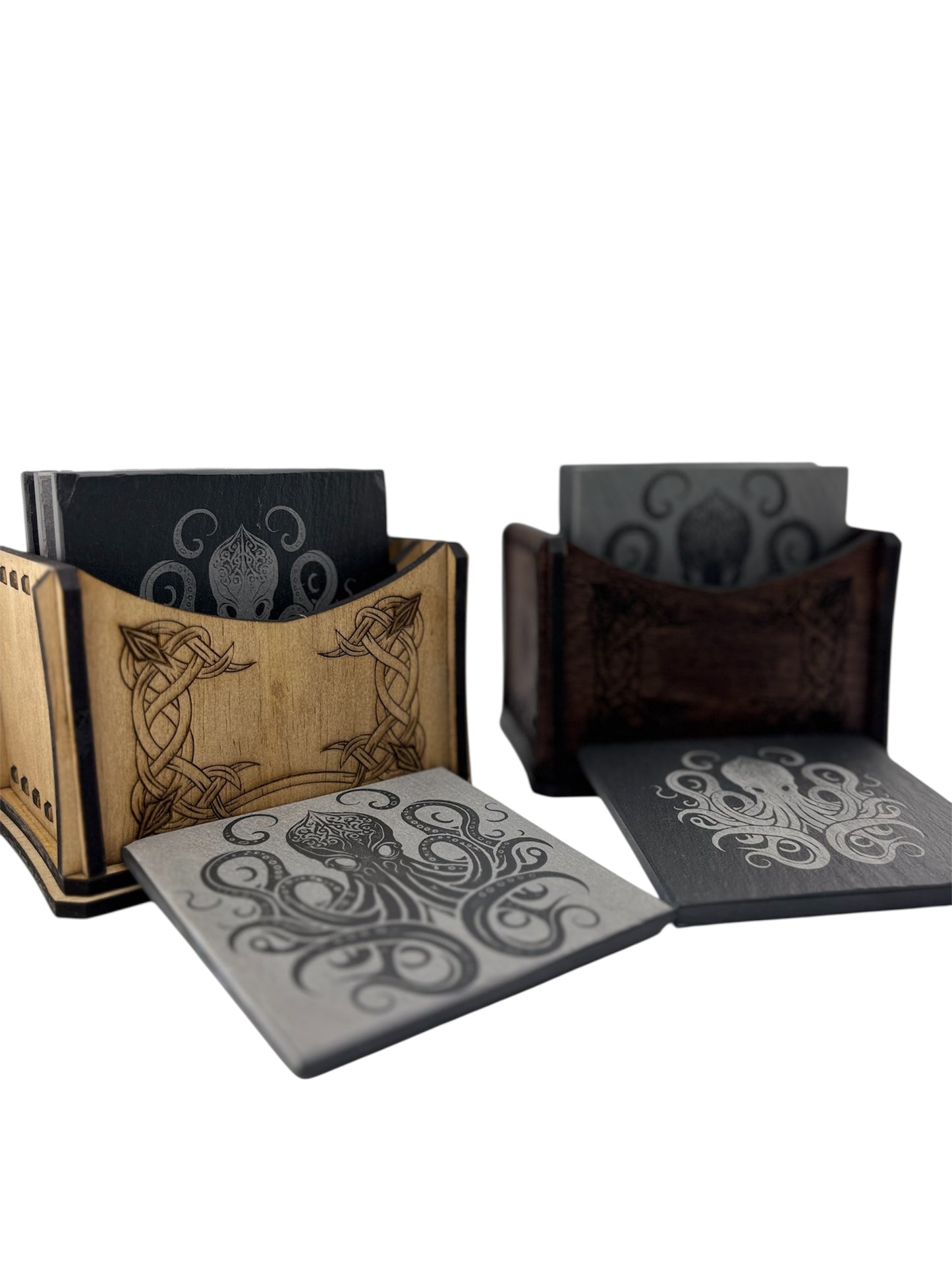 Set of 4 Engraved Black Slate Stone Coasters with Holder