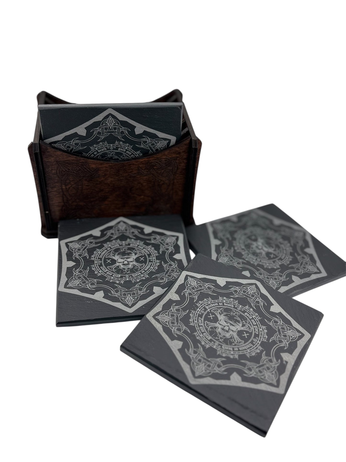 Set of 4 Engraved Black Slate Stone Coasters with Holder