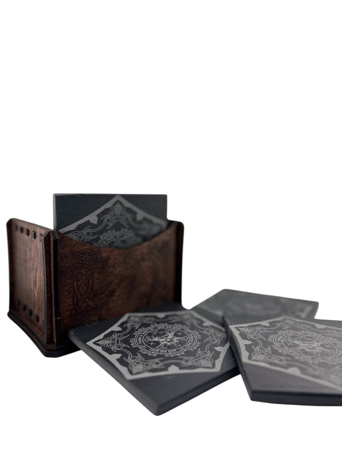Set of 4 Engraved Black Slate Stone Coasters with Holder