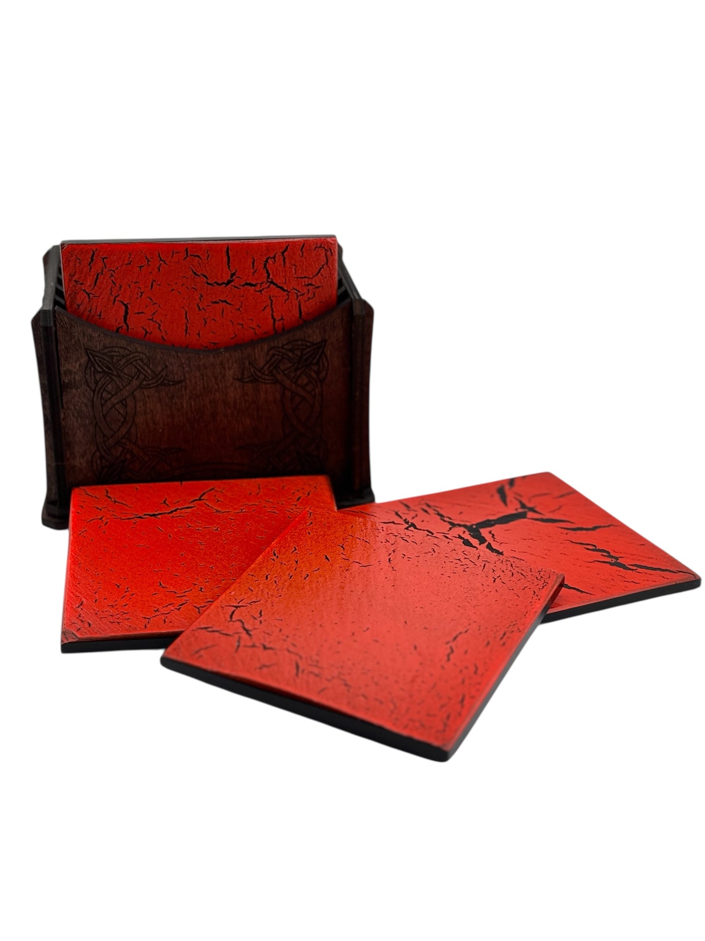 Set of 4 Engraved Black Slate Stone Coasters with Holder