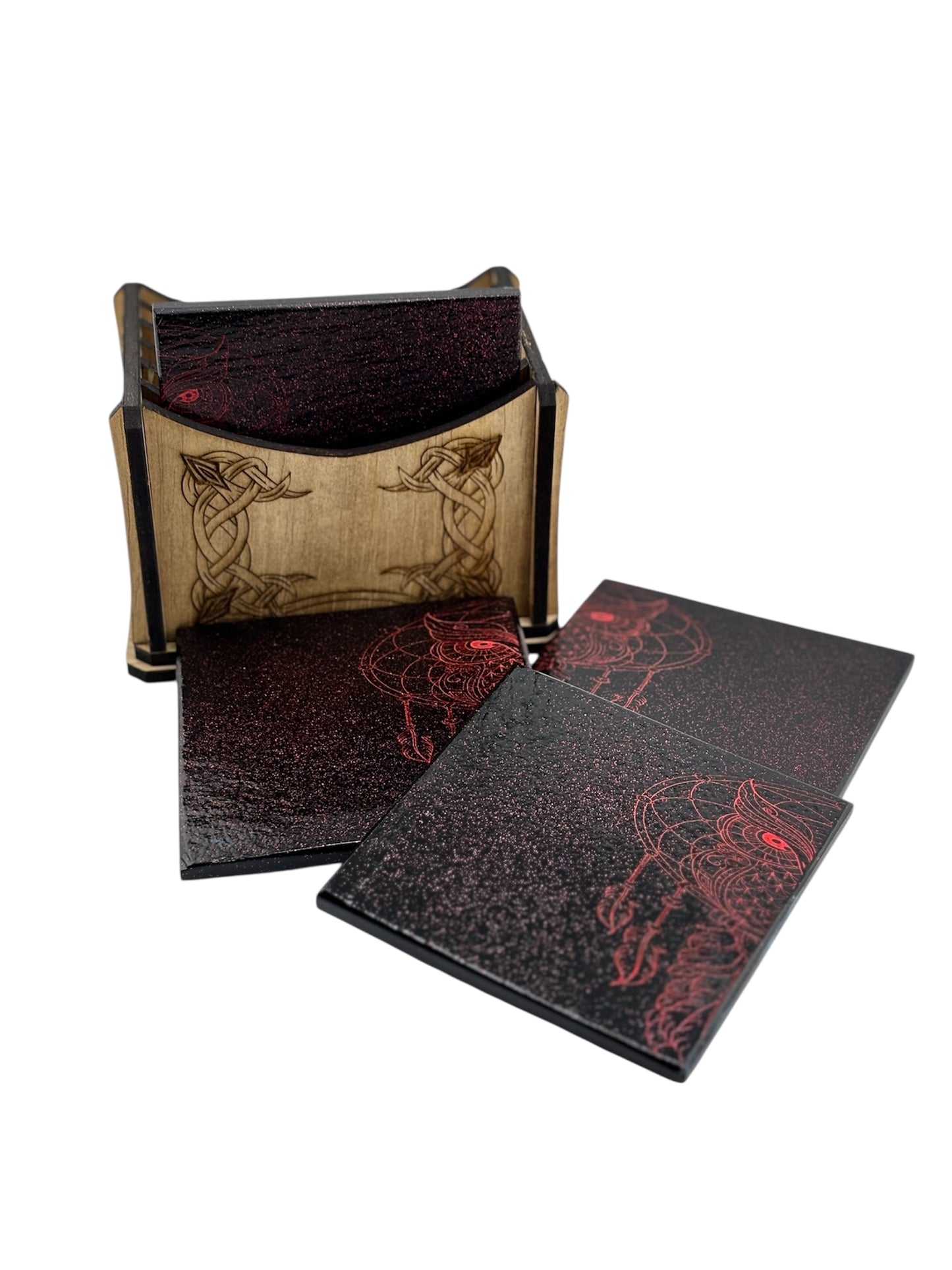 Set of 4 Engraved Black Slate Stone Coasters with Holder