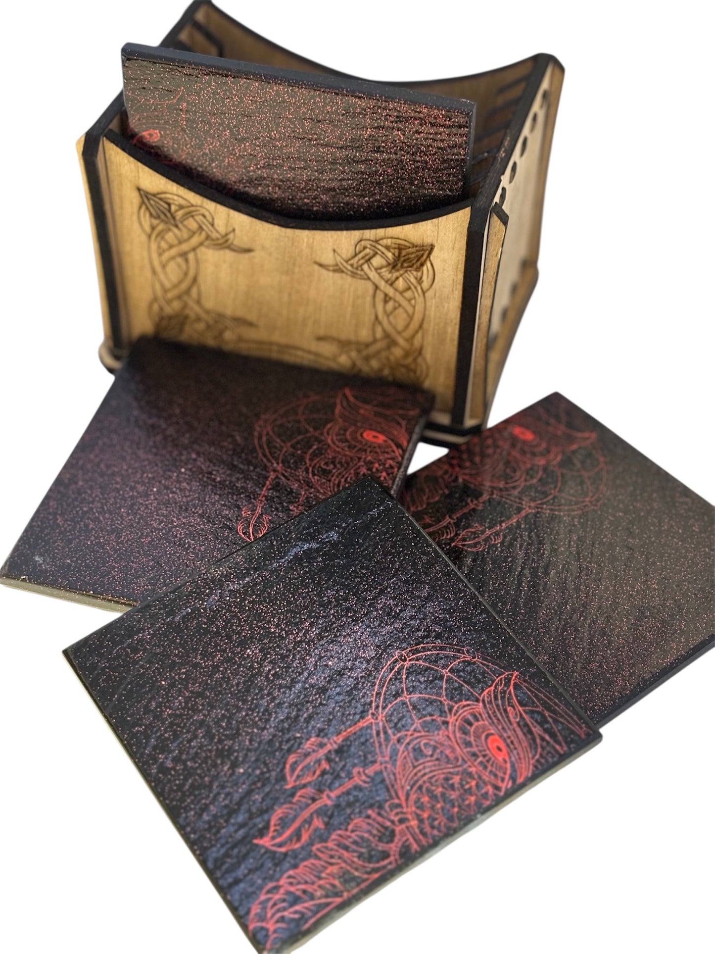 Set of 4 Engraved Black Slate Stone Coasters with Holder
