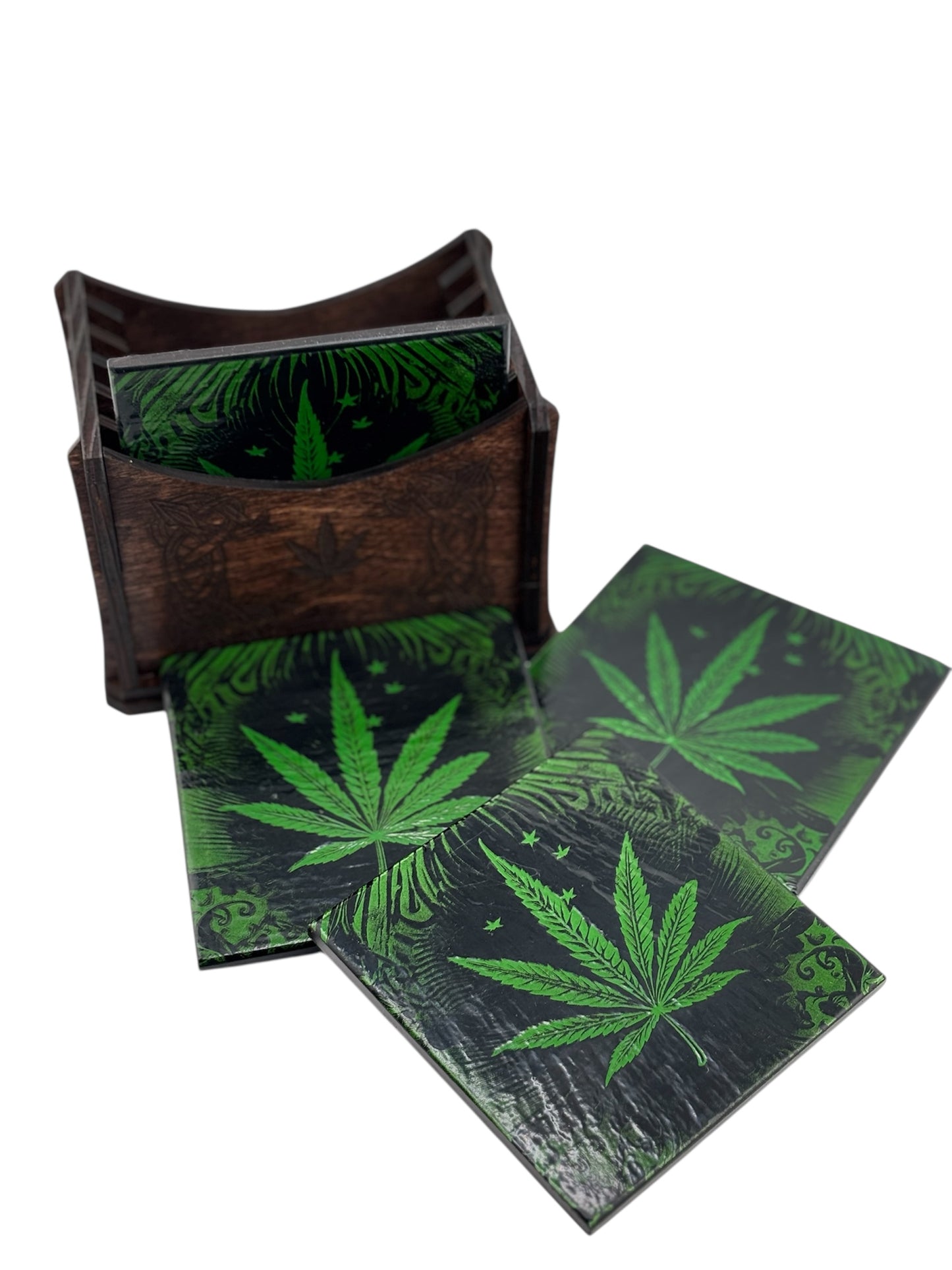 Set of 4 Engraved Black Slate Stone Coasters with Holder
