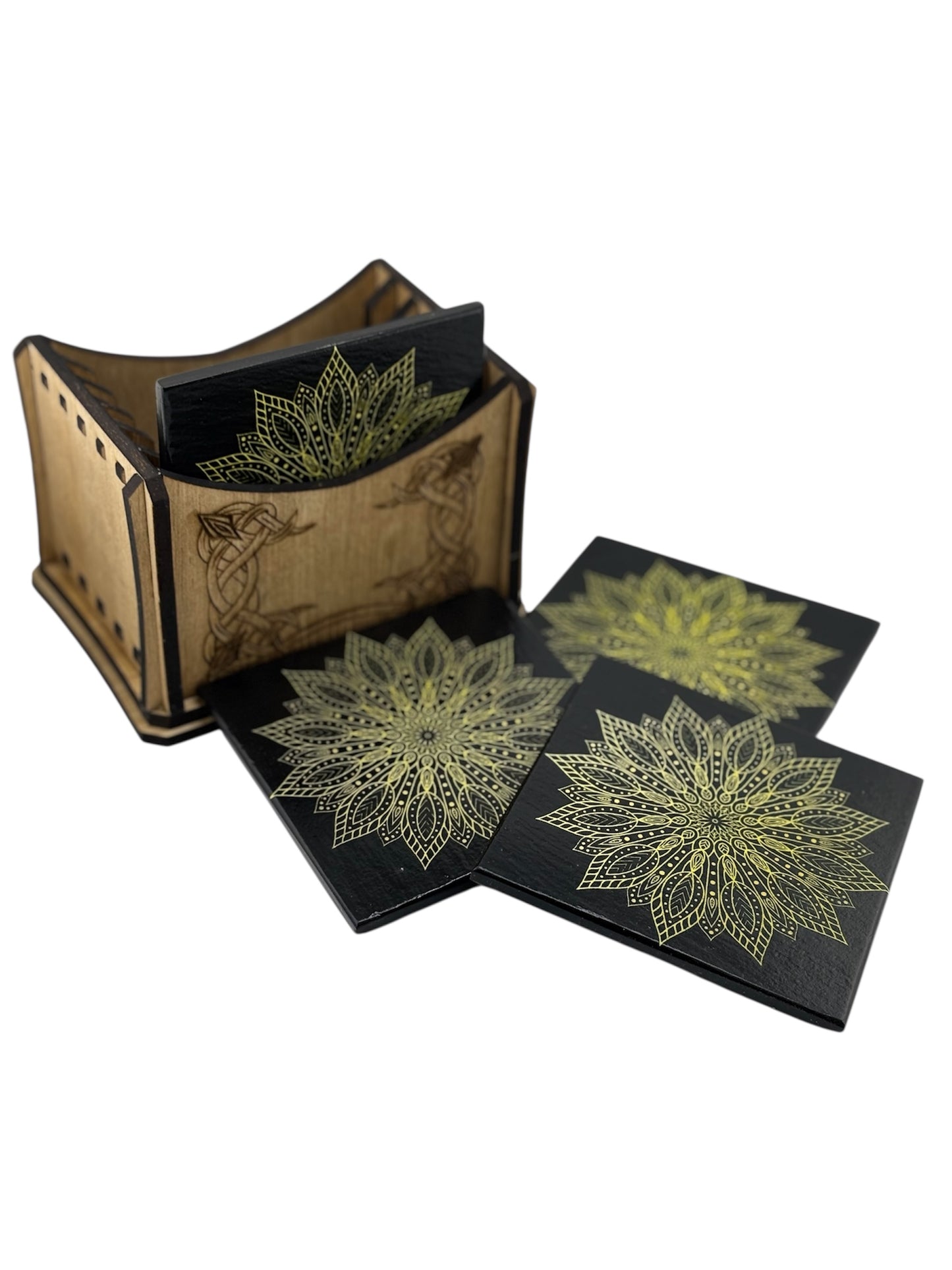 Set of 4 Engraved Black Slate Stone Coasters with Holder